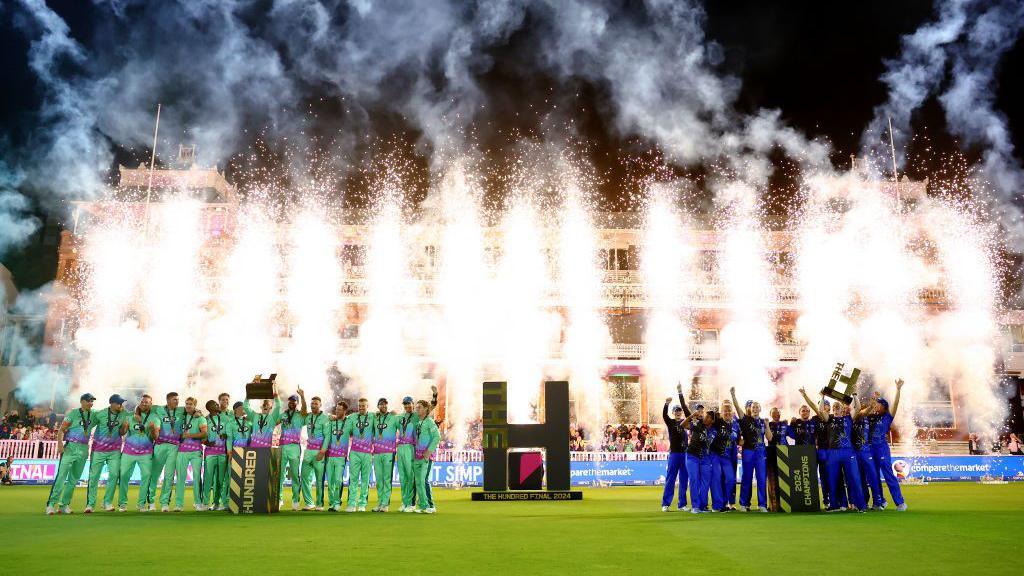 Oval Invincibles men and London Spirit women celebrate at Lord's with their trophies after winning The Hundred