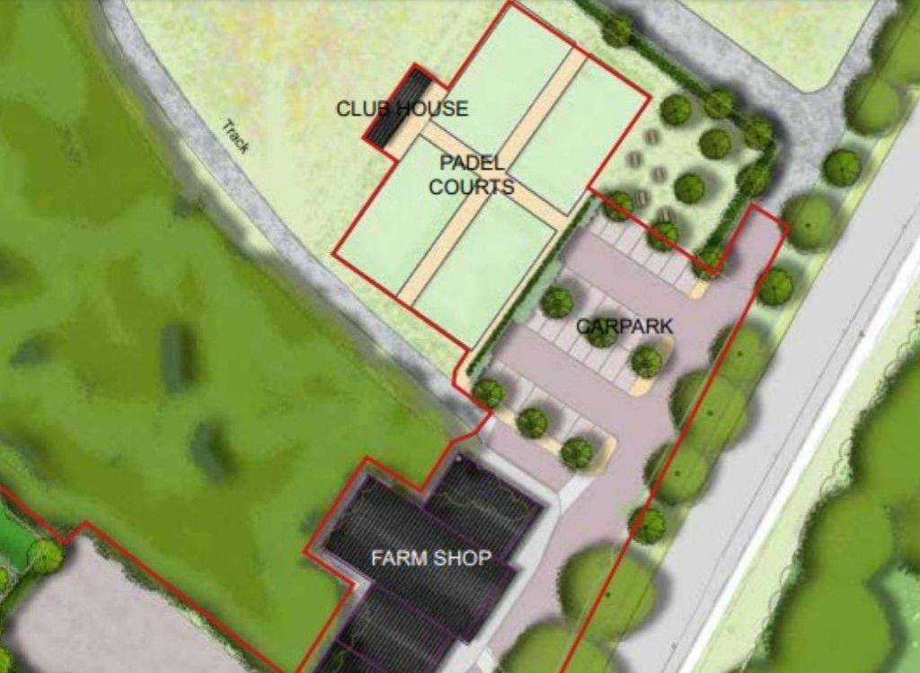 A site plan map shows the words clubhouse and padel courts near the top of the image, a car park area in the middle and the words farm shop near the bottom.