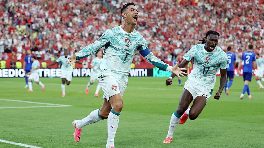TORONTO, ONTARIO - JULY 02: Cristiano Ronaldo #7 of Portugal celebrates scoring his team's first goal from the penalty spot during the FIFA World Cup 2026 Round Of 32 match between Portugal and Croatia at Toronto Stadium on July 02, 2026 in Toronto, Ontario. (Photo by Dan Mullan/Getty Images)