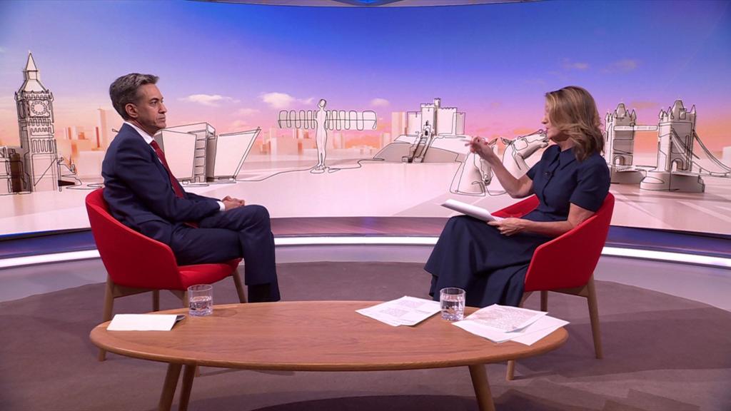 Ed Miliband speaking to Victoria Derbyshire in the studio for Sunday with Laura Kuenssberg