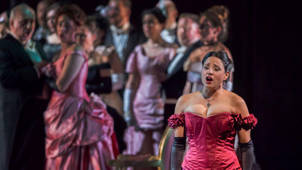 Stacey Alleaume as Violetta on stage during Welsh National Opera performance of Verdi's La Traviata at a dress rehearsal 