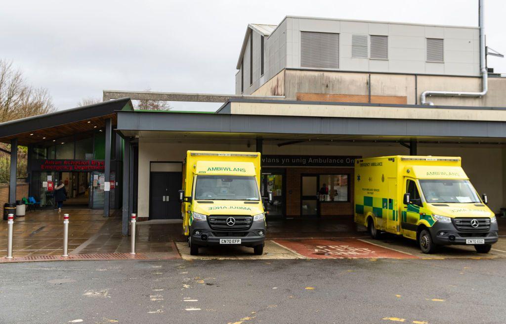  A view of a two ambulances parked at Morrison Hospital in Wales.