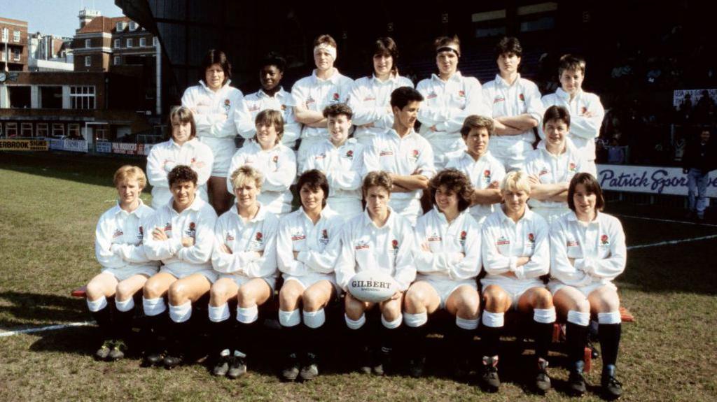 The England team pictured before the final of the 1991 Women's Rugby World Cup