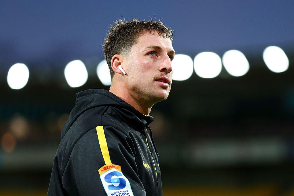 Riley Higgins of the Hurricanes looks on prior to the round 12 Super Rugby Pacific match between Hurricanes and Chiefs at Sky Stadium, on May 03, 2025, in Wellington, New Zealand.