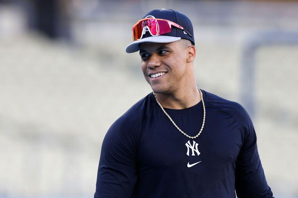 Juan Soto looks over his shoulder during batting practice.