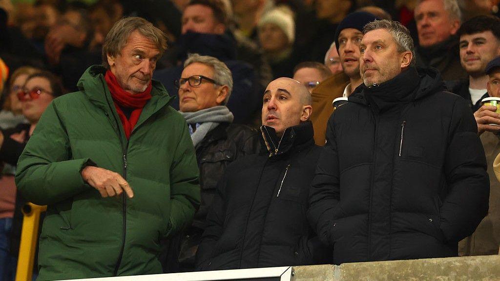 Manchester United minority shareholder Sir Jim Ratcliffe (left), with chief executive Omar Berrarda (centre) and technical director Jason Wilcox at Wolves for the 4-1 win at Molineux on Monday