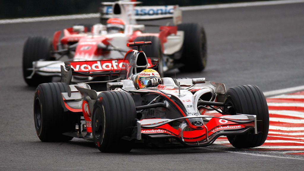 Lewis Hamilton after overtaking Timo Glock at the 2008 Brazil Grand Prix