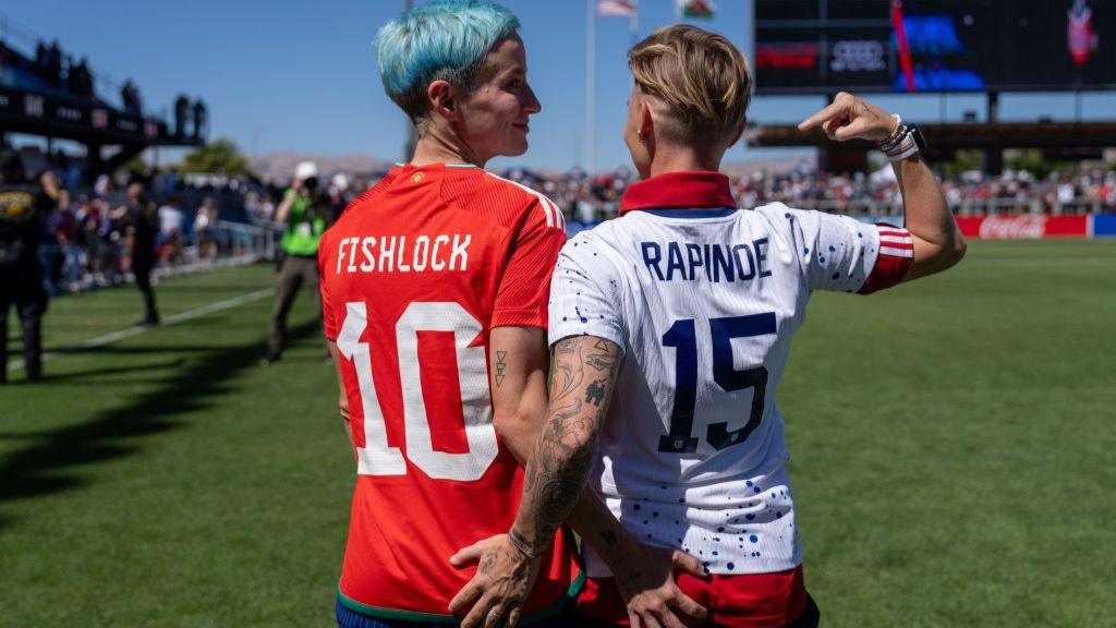Megan Rapinoe (L) and Jess Fishlock after the USA beat Wales 2-0 in a friendly in July 2023 in San Jose