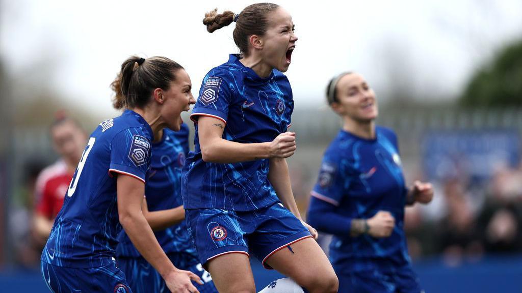 Guro Reiten celebrates scoring for Chelsea against Manchester United.