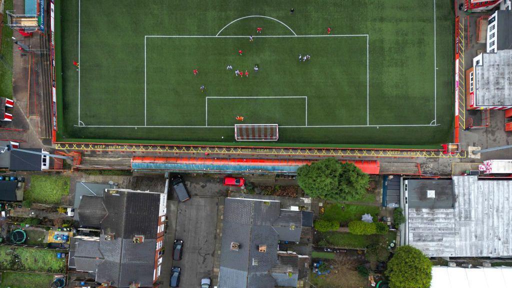 An aerial view of The Lamb Ground, home of Tamworth Football Club as a match takes place in Tamworth, England. Tamworth are due to face Tottenham Hotspur in their Emirates FA Cup Third Round match 