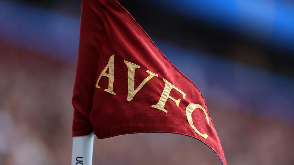 A corner flag with AVFC stitched into it flutters in the breeze during the Premier League match between Aston Villa and Everton FC at Villa Park on August 20, 2023