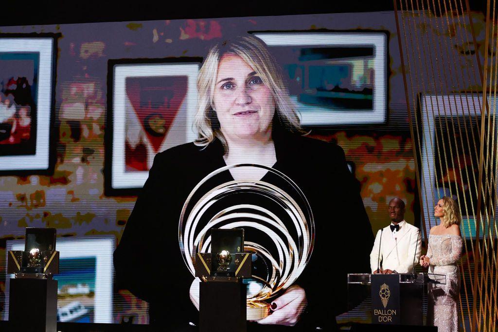 Emma Hayes appearing via video link at Ballon d'Or awards