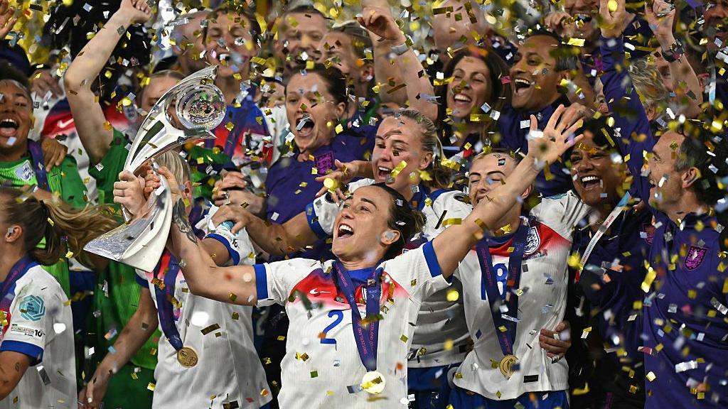 England celebrating with the Euros trophy in 2025.