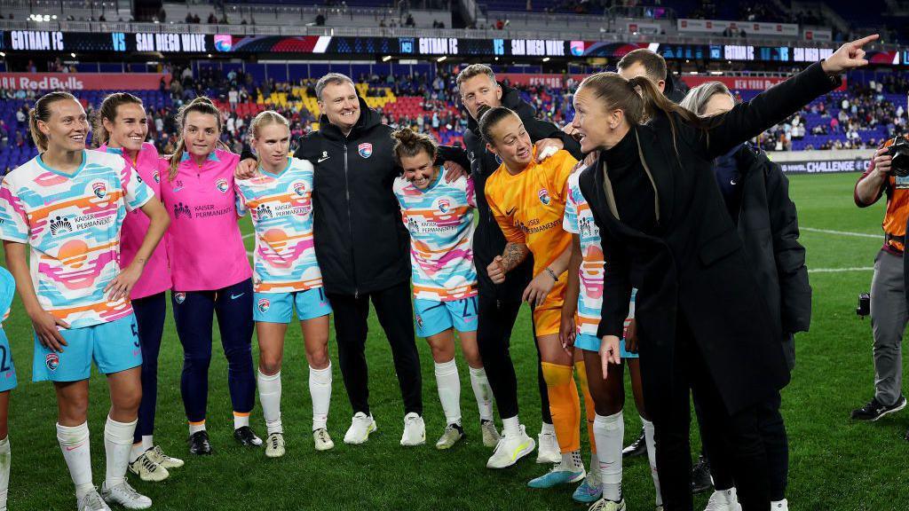 Casey Stoney of the San Diego Wave FC celebrates with her team after the 2024 NWSL Challenge Cup at Red Bull Arena on March 15, 2024 