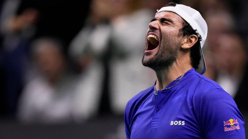 Matteo Berrettini of Team Italy celebrates the victory after winning his singles match against Botic van de Zandschulp