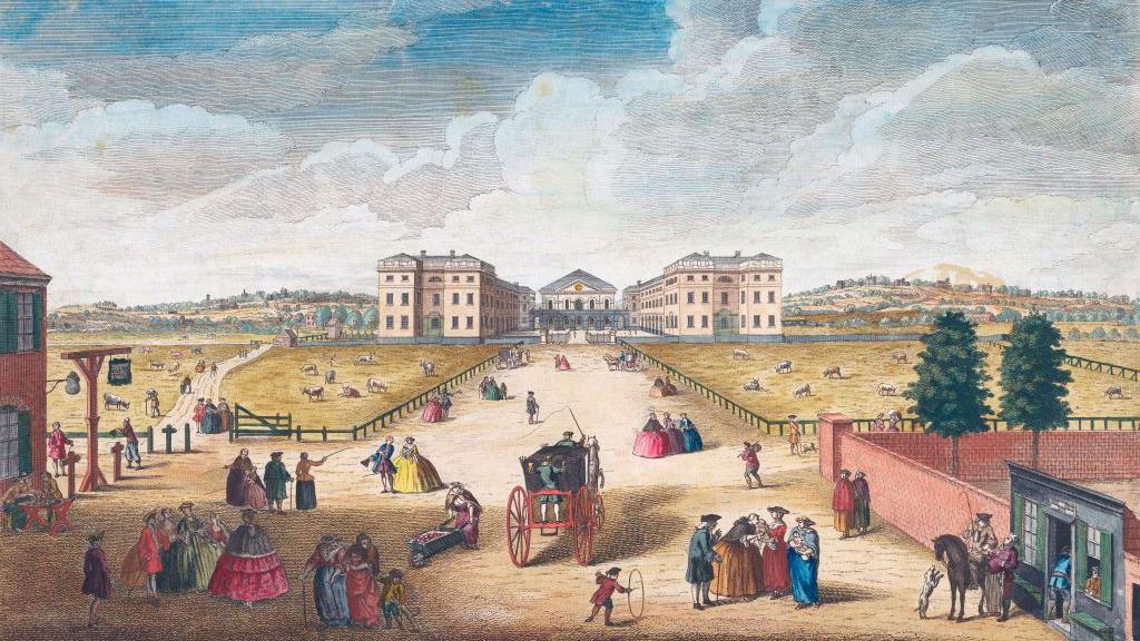 A colourised engraving dated 1751, published by Robert Sayer. It shows a view of a street scene, with crowds of people and a horse and cart, with the Foundling Hospital in the distance