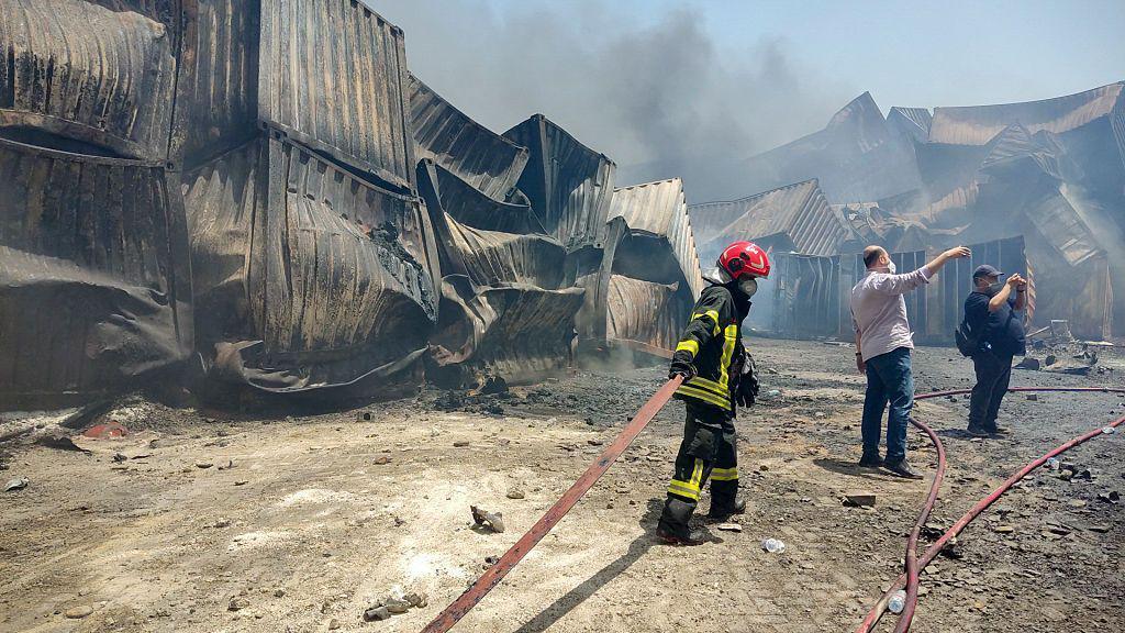 Firemen try to extinguish fires at Shahid Rajaee port in Bandar Abbas, Iran (28 April 2025)