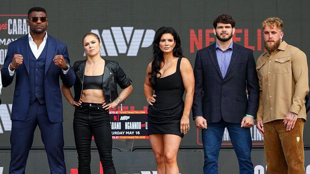 Francis Ngannou, Ronda Rousey, Gina Carano, Philipe Lins and Jake Paul on stage