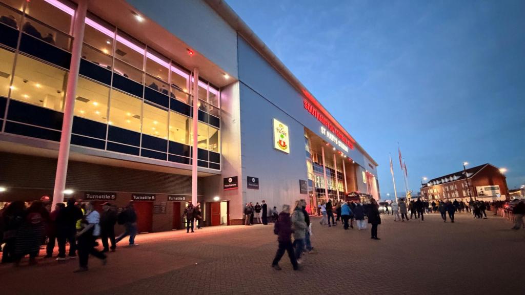 The front of St Mary's Stadium at twilight