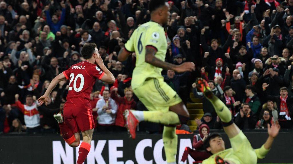 Diogo Jota celebrates after scoring against Arsenal in November 2021