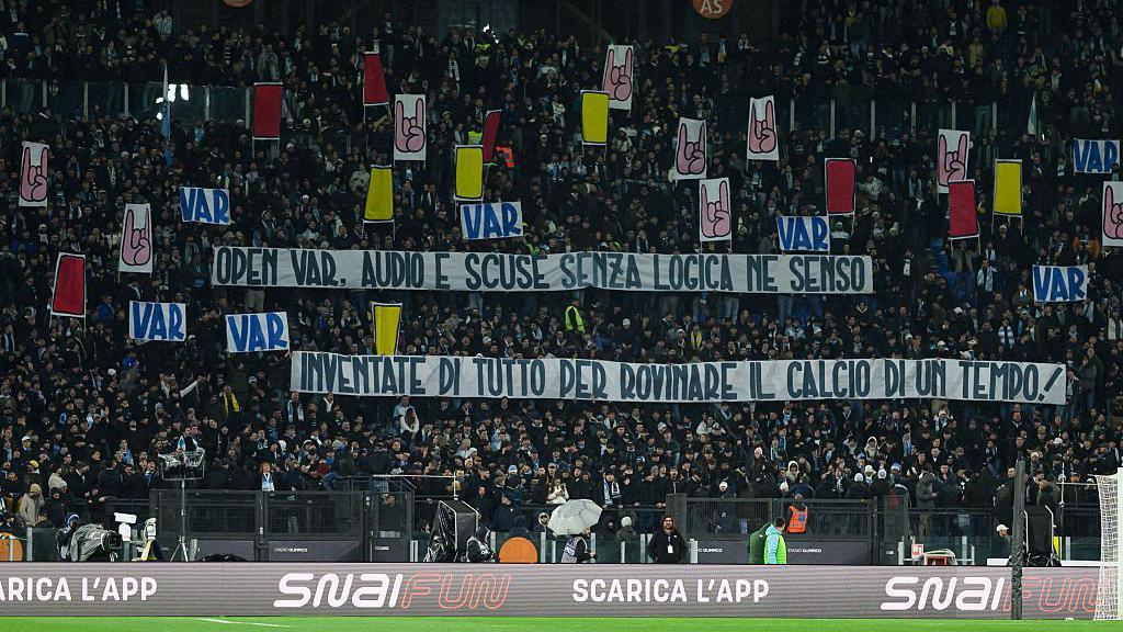 Lazio fans protest against VAR during the Serie A football match against Como