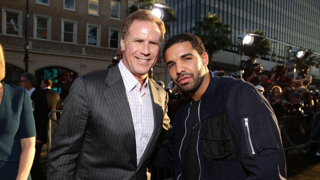 Actor Will Ferrell and musician Drake pose together on a red carpet