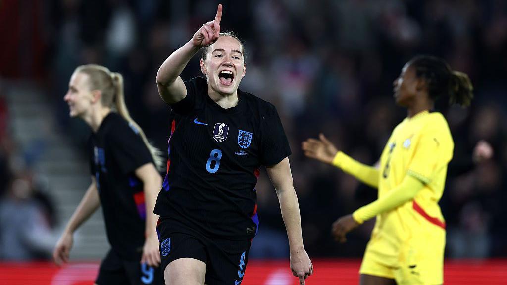 Lucia Kendall celebrates scoring against Ghana