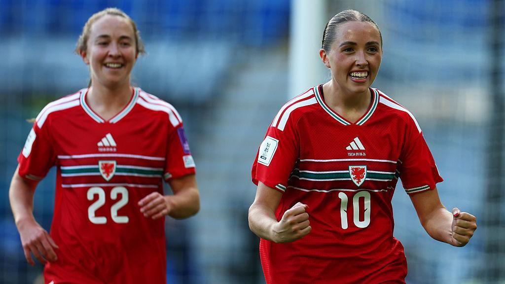 Mared Griffiths of Wales celebrates scoring 