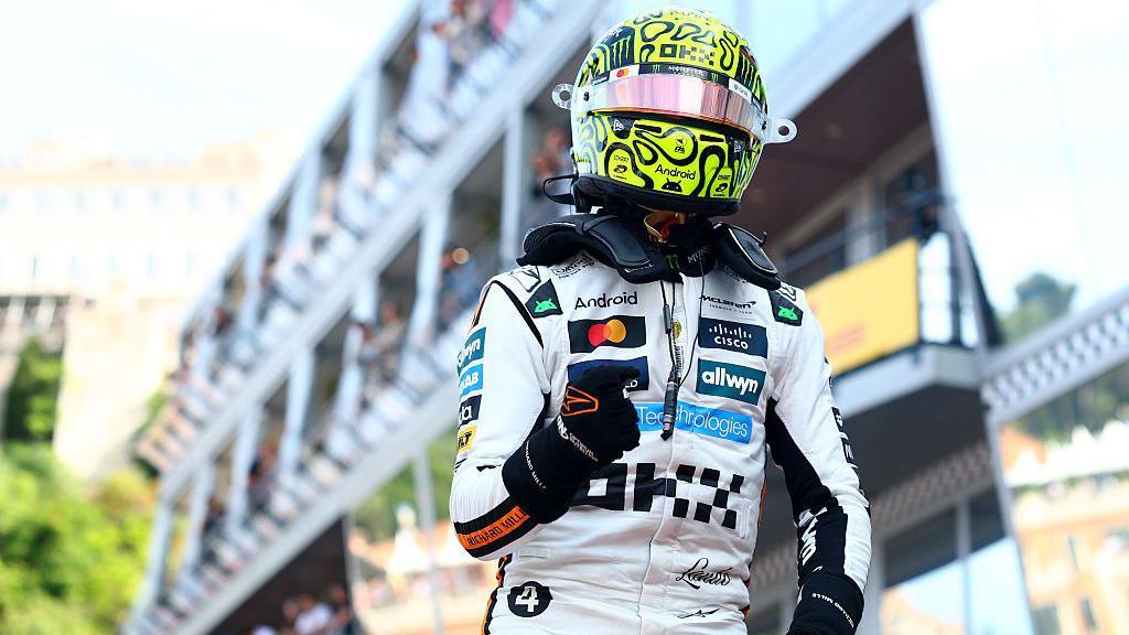 Lando Norris celebrates pole in Monaco