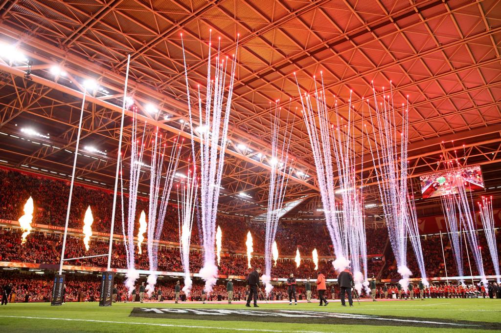 Pyrotechnics going off in the Principality Stadium