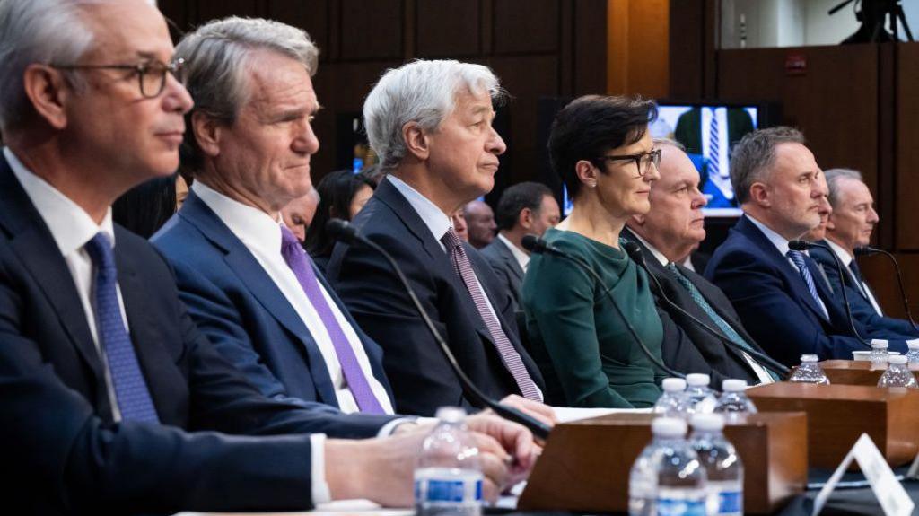 Big bank executives including, from left, Wells Fargo chief Charles Scharf,  Bank of America boss Brian Moynihan, JPMorgan Chase chairman Jamie Dimon and Citigroup chief Jane Fraser at a hearing in Congress pushing for lighter regulatory requirements