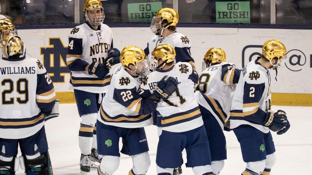 Seven members of the Notre Dame Hockey Team celebrate in their white tops and navy shorts. They have on gold helmets as they celebrate on the ice.