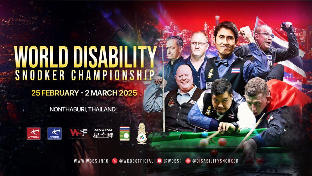 A montage of seven snooker players, including David Church, who is wearing a red waistcoat, on a promotional poster for the World Disability Snooker Championship. Information about the tournament, including the dates, can also be seen.