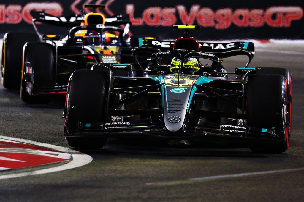 Lewis Hamilton takes a corner just ahead of Max Verstappen in Las Vegas Grand Prix final practice