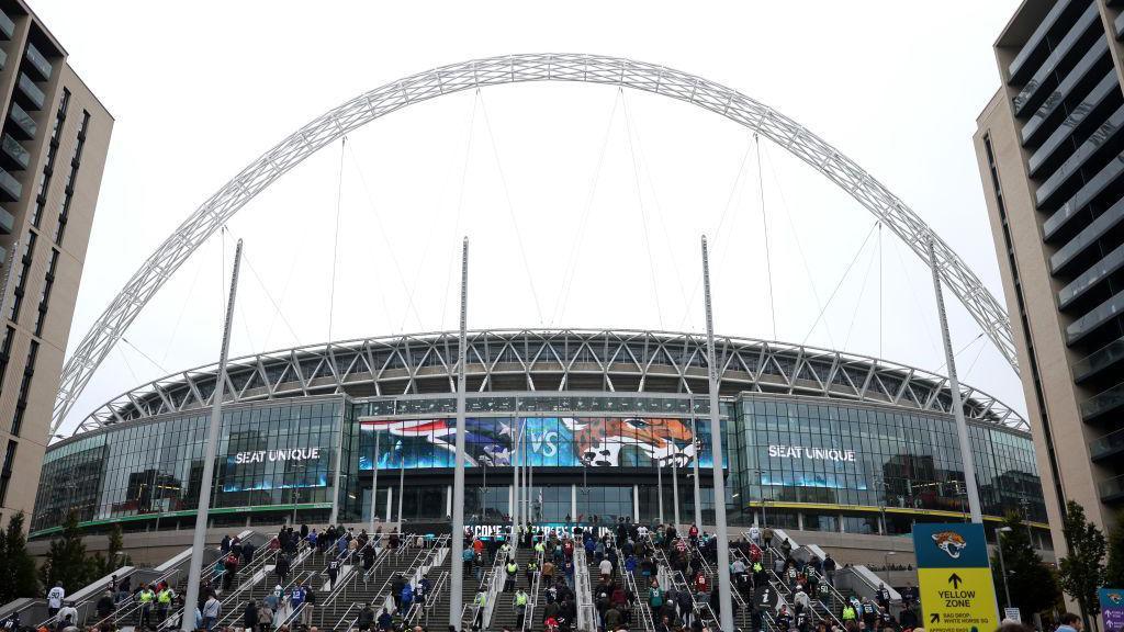 Wembley Stadium decorated in the colours of New England Patriots and Jacksonville Jaguars ahead of their match