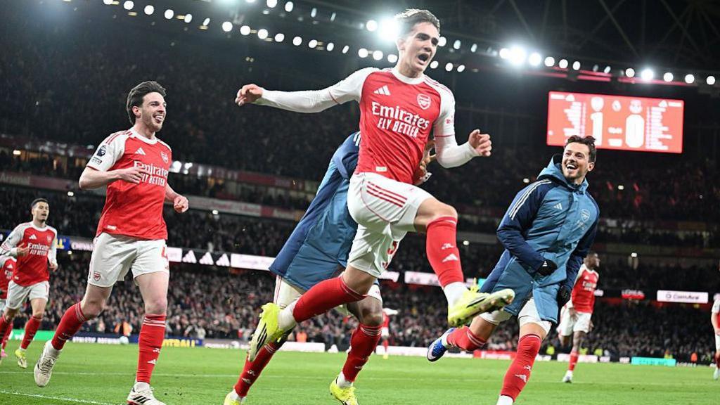 Max Dowman celebrates his goal for Arsenal against Everton