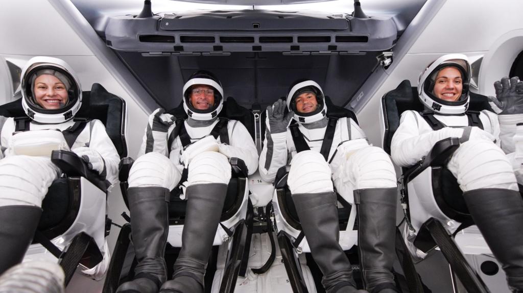 From left to right: Anna Menon, Scott Poteet, Jared Isaacman and Sarah Gillis ready for launch