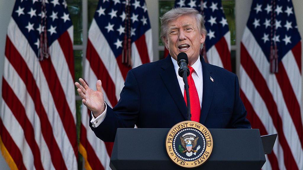 President Donald Trump speaks during a Rose Garden Club dinner at the White House on June 25, 2026 in Washington, DC. Trump hosted US farmers from Iowa in the newly renovated Rose Garden.