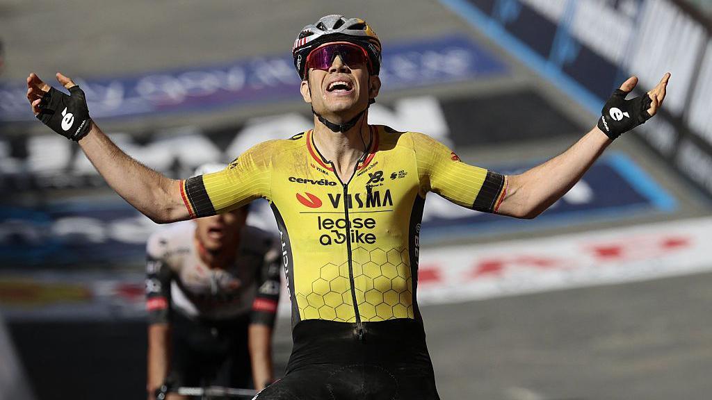 Wout Van Aert celebrates winning stage nine of the Giro d'Italia