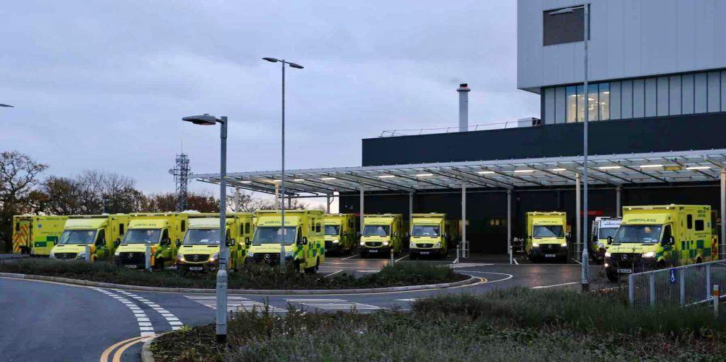 Ambulances parked outside the Grange University Hospital Accident and Emergency unit in Cwmbran 