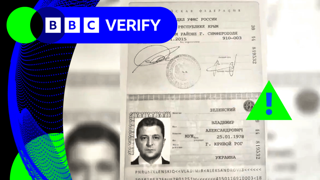 A grab from the disinformation video falsely claiming Zelensky has a Russian passport