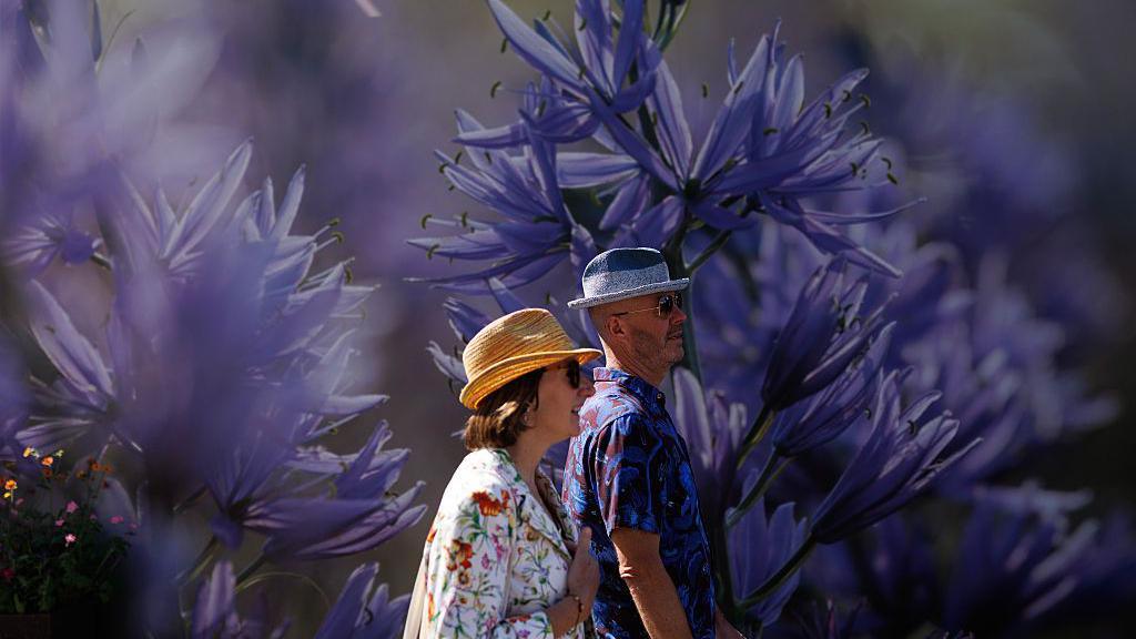 A woman and a man in straw hats arrive for the RHS Chelsea Flower Show