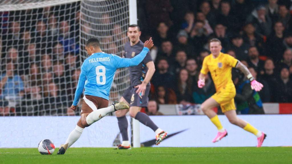 Jordan Pickford tries to recover after his poor clearance allows Youri Tielemans to score for Belgium at Wembley in March 2024
