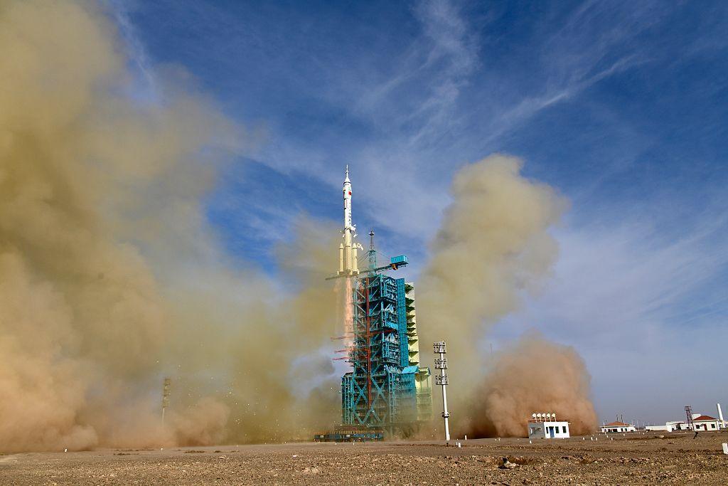 A rocket carrying the Shenzhou-22 spaceship, blasts off from the Jiuquan Satellite Launch Center in China on Tuesday.