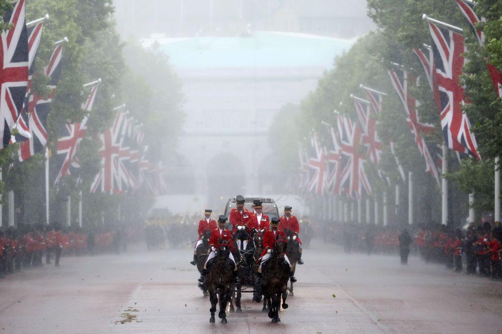 Troops on the Mall during Trooping the Colour at Buckingham Palace