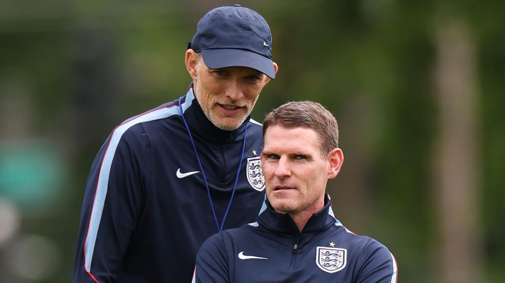 England manager Thomas Tuchel stands behind assistant manager Anthony Barry