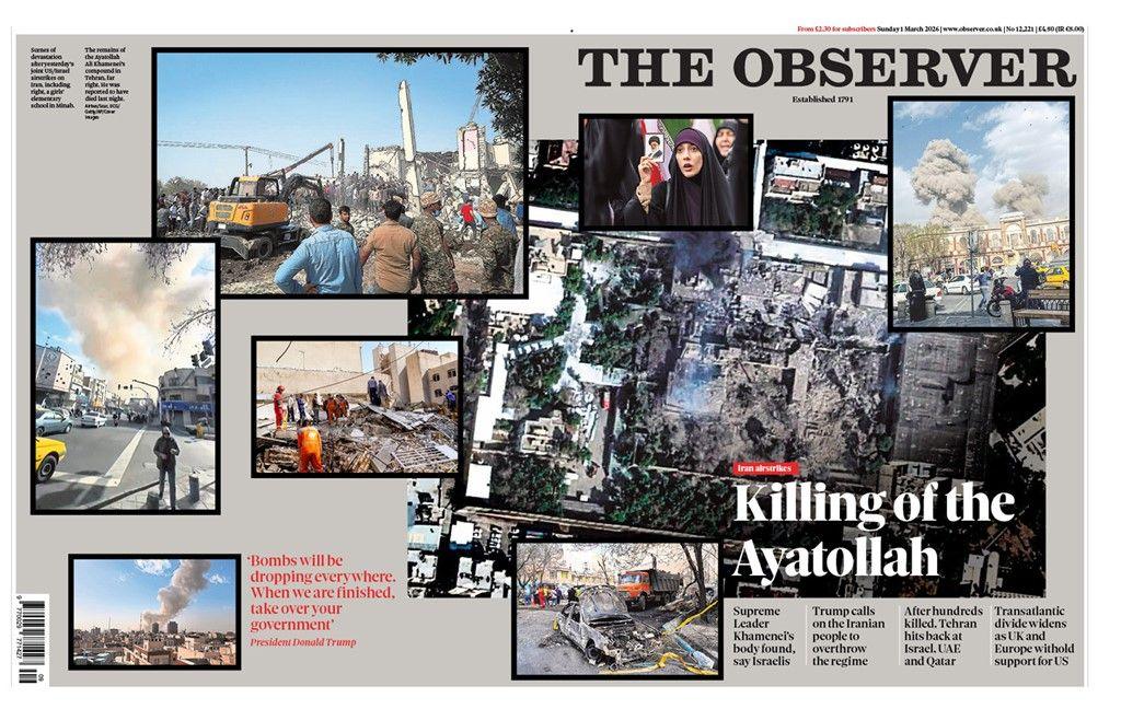 The headline on the front page of the Observer reads: "Killing of the Ayatollah".