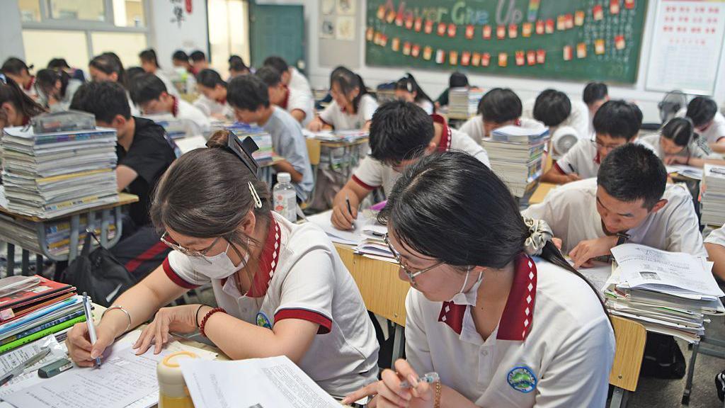 Senior three students study in the classroom for the upcoming gaokao, the national college entrance exam, at Huainan No.1 High School 26 May 2025 in Huainan, Anhui