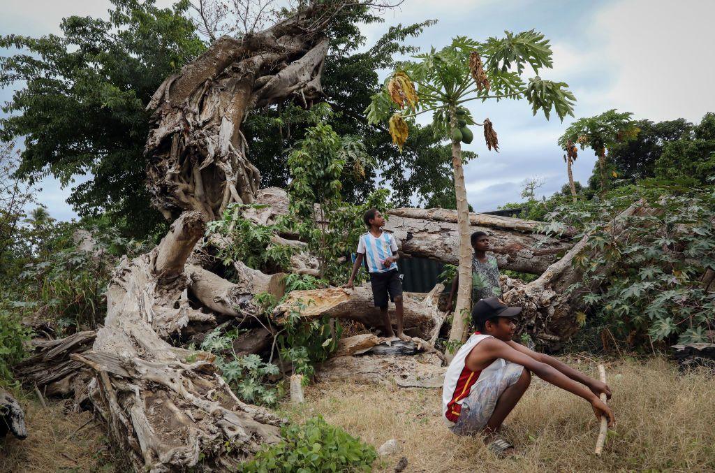People gather near a banyan tree toppled by Cyclone Pam in 2015 on December 05, 2019 in Tanna, Vanuatu. 25 percent of Vanuatu’s 276,000 citizens lost their homes when Cyclone Pam, a category 5 storm, devastated the South Pacific archipelago of 83 islands while wiping out two-thirds of its GDP.