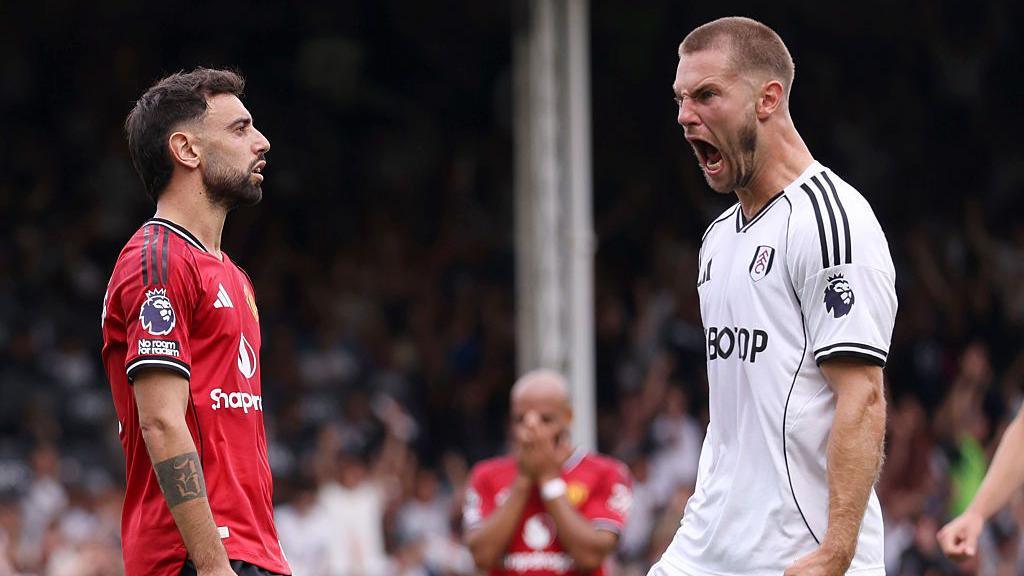 Bruno Fernandes and Joachim Andersen react to the missed penalty